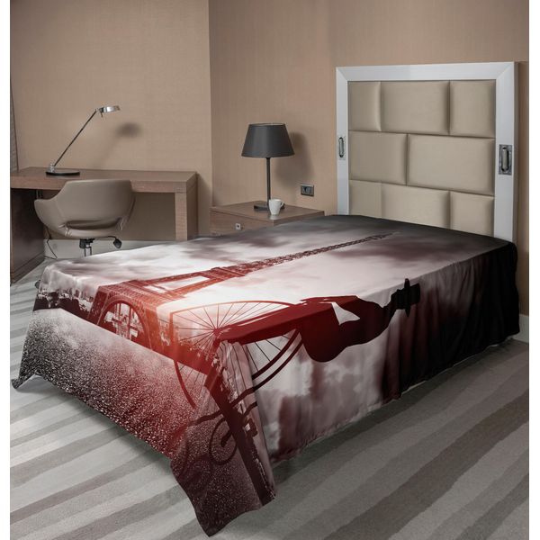 Abakuhaus Lenzuolo Torre Eiffel, Uomo Su Bicicletta Retrò Accanto Alla Torre Eiffel Parigi Francia Dramatic Sun, Morbido E Confortevole Lenzuolo Superiore Per Un Letto Decorativo 1 Pezzo 190 Cm X 100 Cm, Nero Grigio Rosa-image
