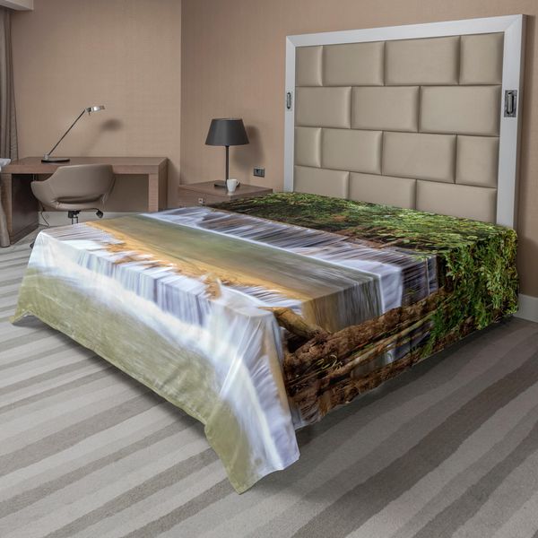 Abakuhaus Lenzuolo Foresta Pluviale, Cascate Foresta Pluviale Viaggio Estivo Paesi Esotici Kanchanaburi Thailandia, Lenzuolo Morbido E Confortevole Per Un Letto Decorativo 1 Pezzo 275 Cm X 260 Cm, Verde Marrone Grigio-image