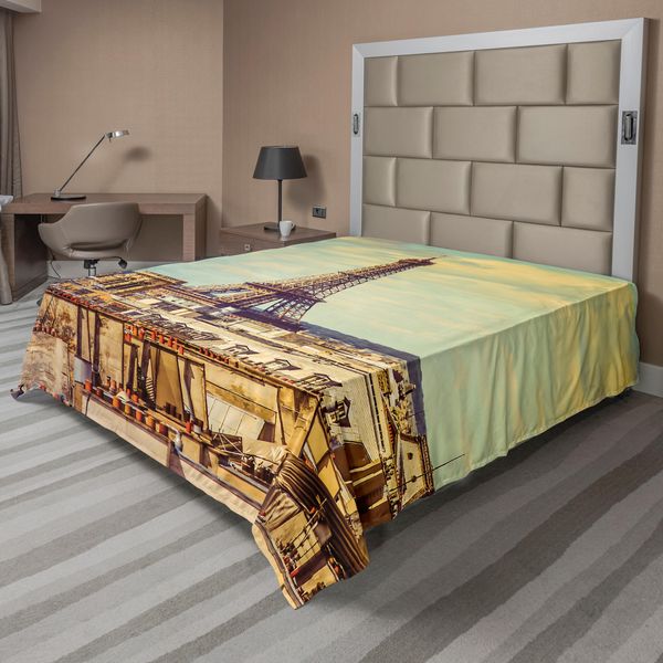 Abakuhaus Lenzuolo Torre Eiffel, Torre Eiffel Paesaggio Urbano Storico Vintage Monumento Famoso Arte Urbana, Lenzuolo Morbido E Confortevole Per Un Letto Decorativo 1 Pezzo 266 Cm X 260 Cm, Verde Mandorla Giallo-image