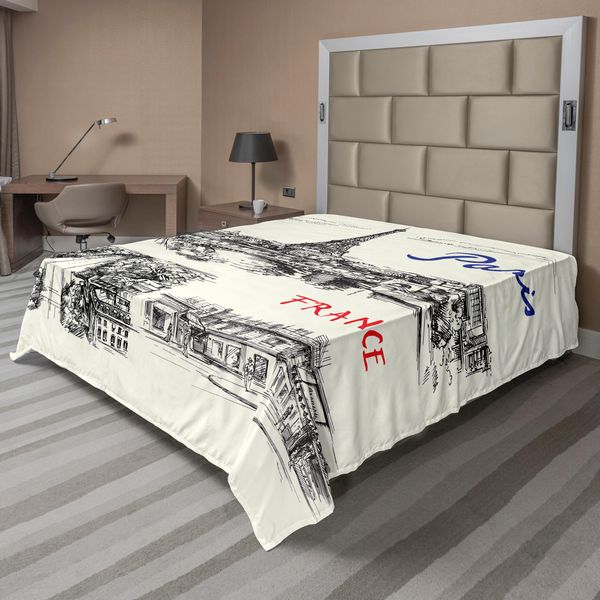 Abakuhaus Lenzuolo Torre Eiffel, Parigi Silhouette Classico Paesaggio Illustrazione, Morbido E Confortevole Lenzuolo Superiore Per Un Letto Decorativo 1 Pezzo 275 Cm X 260 Cm, Nero Crema-image