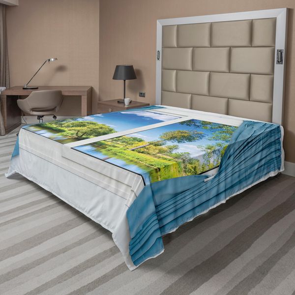Abakuhaus Lenzuolo, Vista Rurale Dalla Finestra Riflessa Nell'acqua, Albero Sul Lago In Estate, Lenzuolo Morbido E Confortevole Per Un Letto Decorativo, 1 Pezzo, 275 Cm X 260 Cm, Verde, Bianco, Blu-image