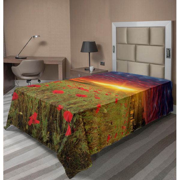 Abakuhaus Lenzuolo Con Fiori, Prato Con Erba E Papaveri, Cielo Scuro E Drammatico Sullo Sfondo, Lenzuolo Morbido E Confortevole Per Un Letto Decorativo, 1 Pezzo, 190 Cm X 100 Cm, Blu Cadetto, Rosso Scarlatto, Verde-image