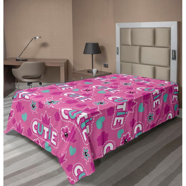 Abakuhaus Lenzuolo Da Letto Femminile, Scritta Cutie Con Motivo A Corona E Illustrazione Con Silhouette Di Fiori, Lenzuolo Superiore Morbido E Confortevole Per Un Letto Decorativo 1 Pezzo 260 Cm X 168 Cm, Colore Fucsia-image