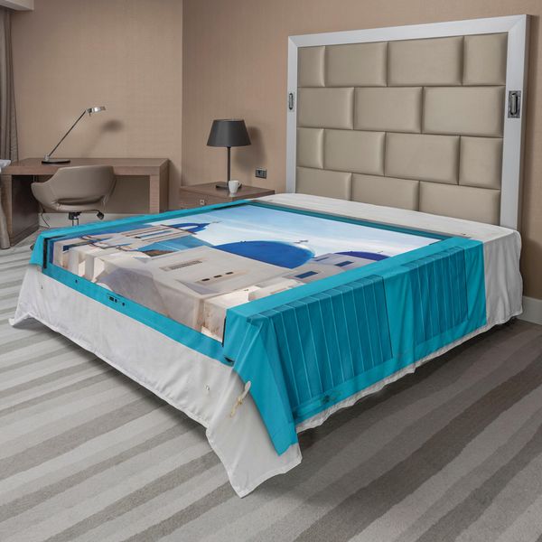 Abakuhaus Lenzuolo Paesaggio, Vista Finestra Edificio Classico Cupole Blu Oia Santorini Grecia, Lenzuolo Superiore Morbido E Confortevole Per Un Letto Decorativo 1 Pezzo 275 Cm X 260 Cm, Bianco Acquamarina Blu-image