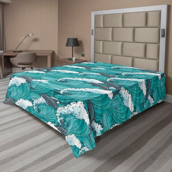 Abakuhaus Lenzuolo Con Motivi Marini, Oceano Ondulato Con Delfini E Surfisti, Stampa Artistica, Lenzuolo Morbido E Confortevole Per Un Letto Decorativo, 1 Pezzo, 244 Cm X 205 Cm, Grigio Antracite, Verde Acqua E Bianco.-image