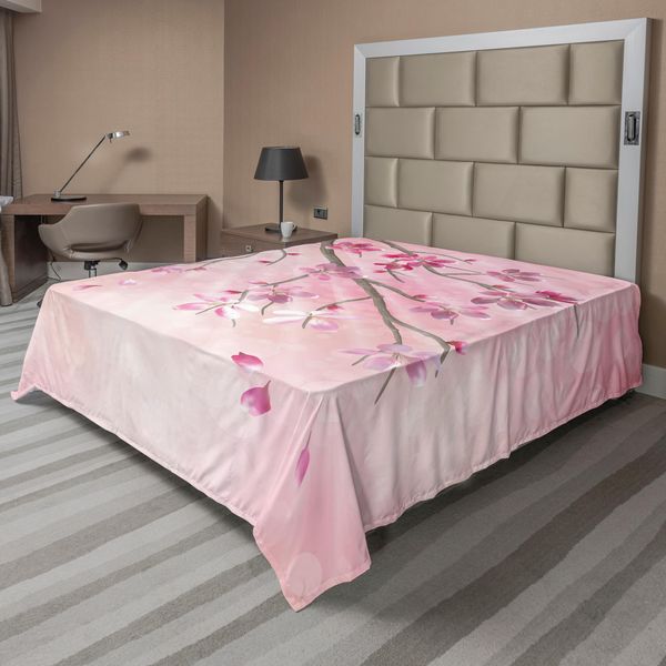 Abakuhaus Lenzuolo Naturale, Illustrazione Di Rami Primaverili Con Fiori E Raggi Di Sole Su Sfondo Sfocato, Lenzuolo Morbido E Confortevole Per Un Letto Decorativo 1 Pezzo 260 Cm X 228 Cm, Rosa Fucsia-image