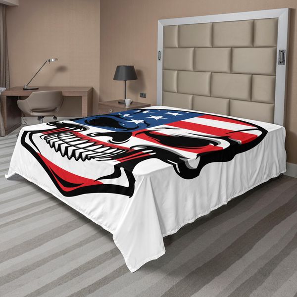 Abakuhaus Lenzuolo Con Teschi, Teschi Antichi Horror Usa Indigeni Morti Dello Stato Stampa Artistica Di Cattivo Gusto, Lenzuolo Morbido E Confortevole Per Un Letto Decorativo 1 Pezzo 244 Cm X 205 Cm, Bianco Blu Rosso-image