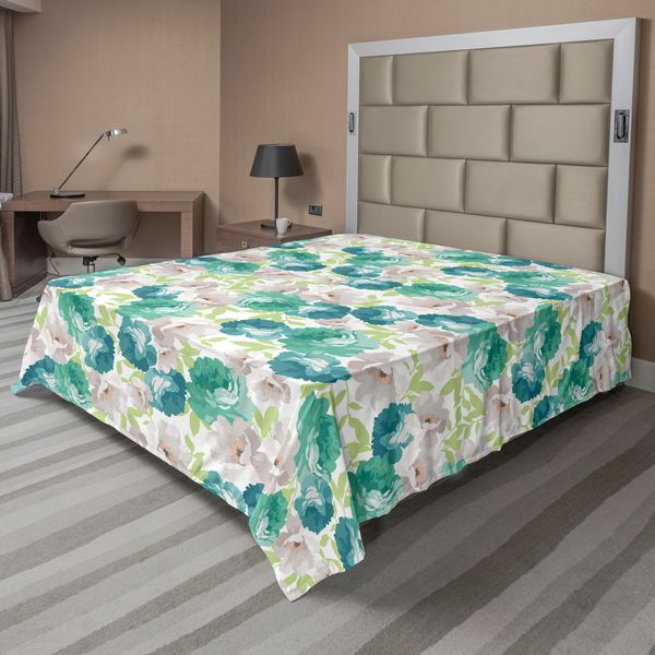 Abakuhaus Lenzuolo Con Fiori, Motivo Floreale Con Rose, Stampa In Stile Acquerello Vintage, Colori Pastello, Lenzuolo Morbido E Confortevole Per Un Letto Decorativo, 1 Pezzo, 275 Cm X 260 Cm, Turchese, Beige, Verde-image