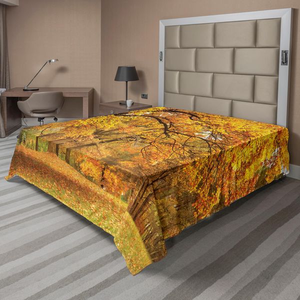 Abakuhaus Lenzuolo Da Letto Bosco, Foglie Gialle Cadute Sbiadite Rami Paesaggio Bosco Novembre Stagione Autunnale, Lenzuolo Superiore Morbido E Confortevole Per Un Letto Decorativo 1 Pezzo 244 Cm X 205 Cm, Arancione E Marrone-image
