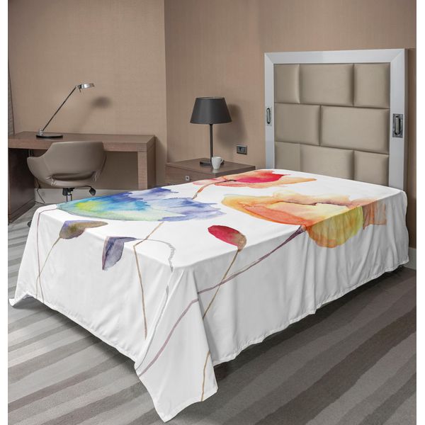 Abakuhaus Lenzuolo Con Fiori Acquerellati, Fiori Estivi In Stile Retrò Effetto Pittorico Natura È Arte Velare, Lenzuolo Morbido E Confortevole Per Un Letto Decorativo 1 Pezzo 260 Cm X 168 Cm, Arancione Blu Rosso-image