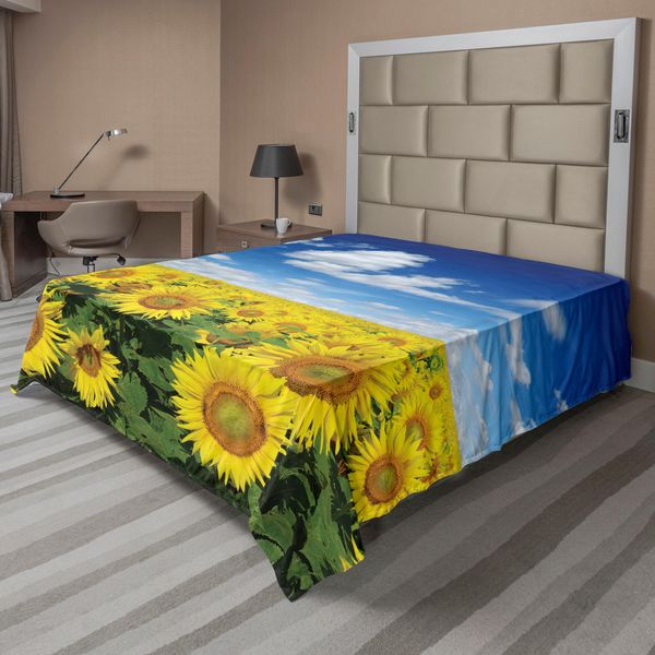 Abakuhaus Lenzuolo Con Motivo Girasoli, Campo Di Girasoli Fresco Sotto Un Cielo Limpido E Nuvoloso, Immagine Di Fattoria, Lenzuolo Morbido E Confortevole Per Un Letto Decorativo, 1 Pezzo, 266 Cm X 260 Cm, Verde, Blu, Giallo-image