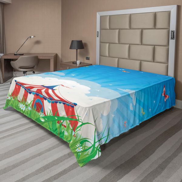 Abakuhaus Lenzuolo Da Letto Circus, Tenda Da Circo Itinerante Con Nuvole, Farfalle E Cielo Sereno Festival Happiness, Morbido E Confortevole Lenzuolo Superiore Per Un Letto Decorativo 1 Pezzo 266 Cm X 260 Cm, Verde Blu Rosso-image