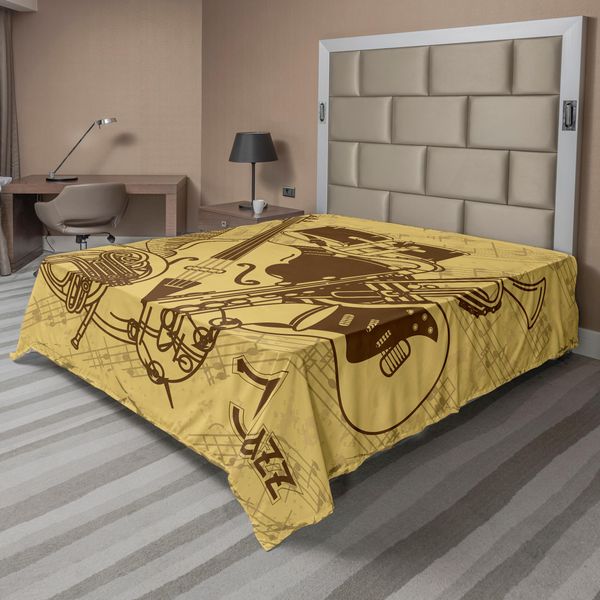 Abakuhaus Lenzuolo Musicale, Attrezzature Musicali Jazz Con Sfondo Vintage In Stile Retrò Con Stampa A Tema Musicale, Lenzuolo Morbido E Confortevole Per Un Letto Decorativo 1 Pezzo 266 Cm X 260 Cm, Crema Marrone-image