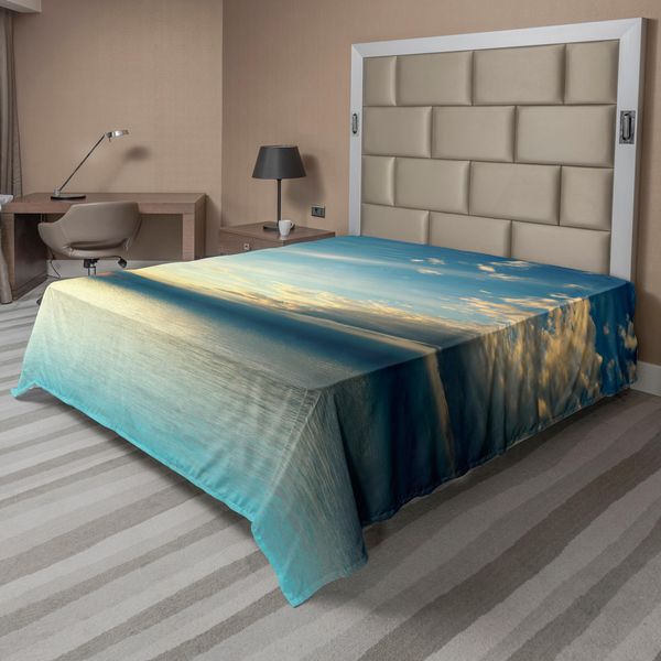 Abakuhaus Lenzuolo Ocean, Panorama Del Tramonto Riflesso Sull'orizzonte, Nuvole Scure, Immagine Della Natura, Lenzuolo Morbido E Confortevole Per Un Letto Decorativo, 1 Pezzo, 275 Cm X 260 Cm, Blu Acquamarina Verde Acqua-image