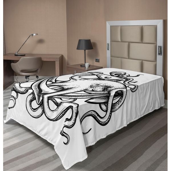 Abakuhaus Lenzuolo Con Calamaro, Tema Marino Con Ancora E Polpo Con Lunghi Tentacoli, Stile Schizzo, Creatura Marina, Lenzuolo Morbido E Confortevole Per Un Letto Decorativo, 1 Pezzo, 260 Cm X 168 Cm, Nero-image