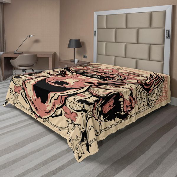 Abakuhaus Lenzuolo Hirsch, Illustrazione Artistica Moderna Del Teschio Dei Lupi Con Motivo Floreale Maestoso, Morbido E Confortevole Lenzuolo Superiore Per Un Letto Decorativo 1 Pezzo 266 Cm X 260 Cm, Nero Beige Rosa-image