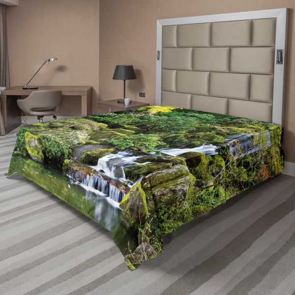 Abakuhaus Lenzuolo Da Giardino, Laghetto In Stile Asiatico Arboreto Alberi Arbusti Fogliame Rocce Paesaggio Acquatico Immagine, Lenzuolo Morbido E Confortevole Per Un Letto Decorativo 1 Pezzo 275 Cm X 260 Cm, Verde Bianco-image