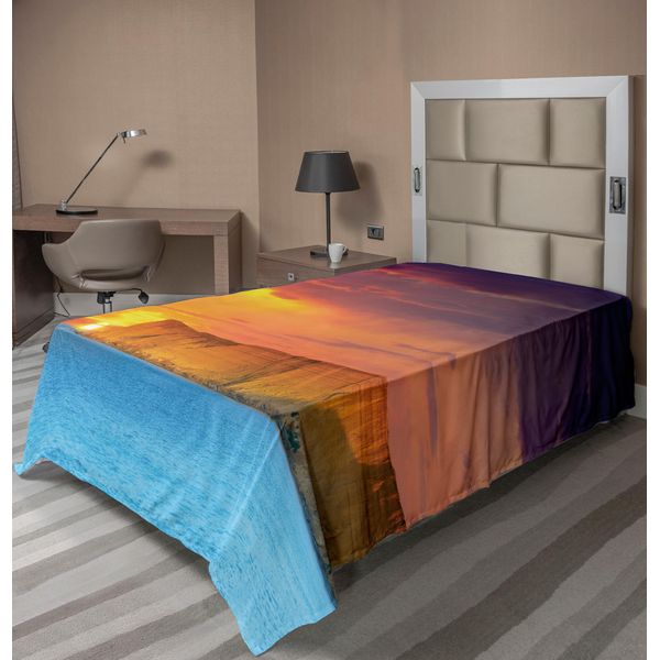 Abakuhaus Lenzuolo Ocean, Drammatico Lago Tramonto Estivo Con Enorme Scogliera Colori Immagine Nuvolosa, Morbido E Confortevole Lenzuolo Superiore Per Un Letto Decorativo 1 Pezzo 260 Cm X 168 Cm, Giallo Viola Blu-image