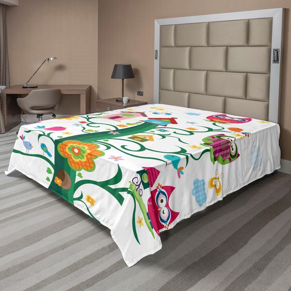 Abakuhaus Lenzuolo Con Gufi, Gufi Su Un Albero Con Occhi Pazzi, Mosaico Di Punti, Magia Nell'aria, Mascotte Notturne, Lenzuolo Morbido E Confortevole Per Un Letto Decorativo, 1 Pezzo, 266 Cm X 260 Cm, Multicolore-image