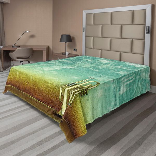 Abakuhaus Lenzuolo Musicale, Arte Moderna Tromba Strumenti Musicali Orchestra Grunge Parete Jazz Tema Foto Motivo, Lenzuolo Morbido E Confortevole Per Un Letto Decorativo 1 Pezzo 244 Cm X 205 Cm, Verde Marrone-image