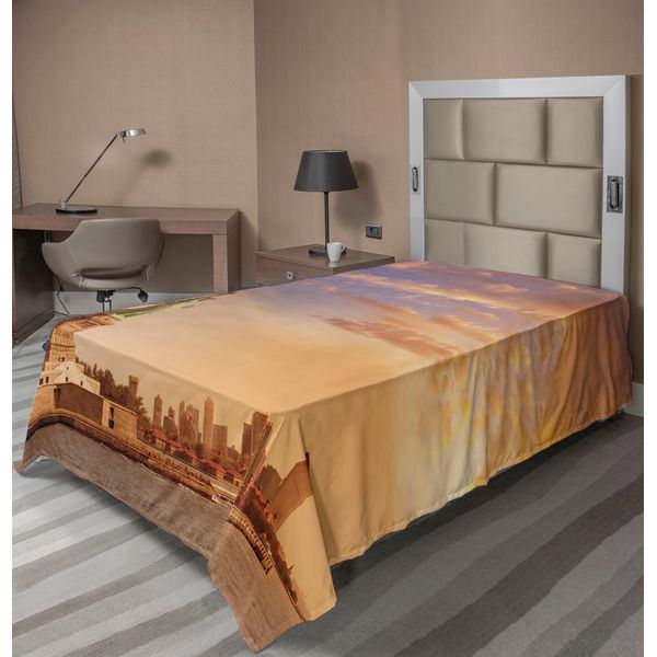 Abakuhaus Lenzuolo Retrò, Statua Della Libertà Simbolo Della Libertà Su Tramonto A New York Con Fiume Grattacieli, Lenzuolo Morbido E Confortevole Per Un Letto Decorativo 1 Pezzo 190 Cm X 100 Cm, Giallo Bianco-image