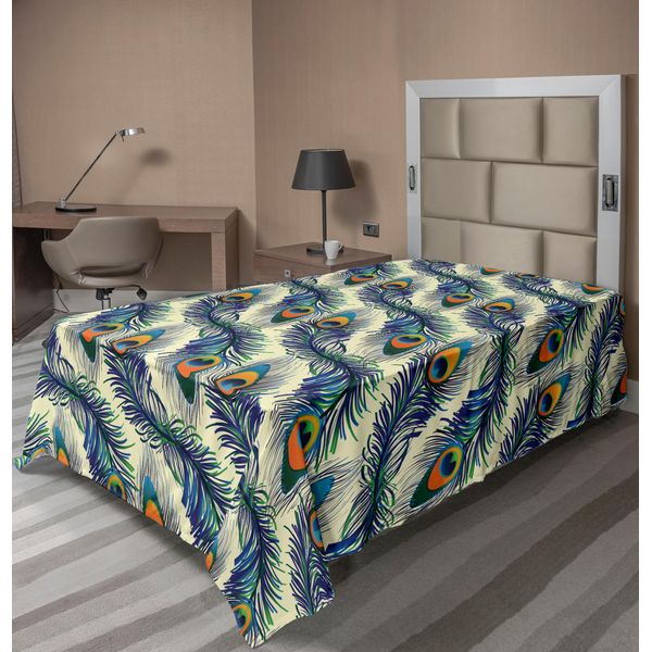 Abakuhaus Lenzuolo Peacock, Motivo Esotico Con Piume Di Pavone, Dettagli Decorativi In Stile Vintage, Lenzuolo Morbido E Confortevole Per Un Letto Decorativo, 1 Pezzo, 260 Cm X 168 Cm, Arancione, Verde, Blu-image