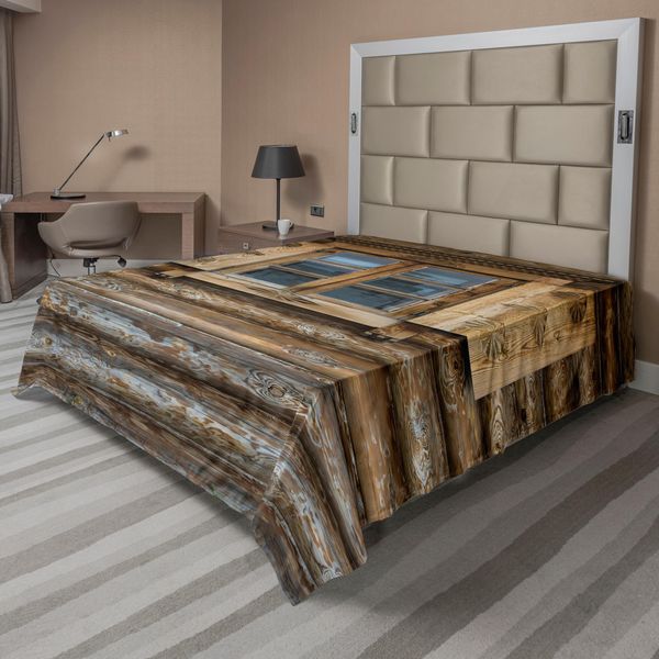 Abakuhaus Lenzuolo Con Persiane, Finestre Con Persiane Stampate Sulla Parete Della Casetta In Legno, Lenzuolo Morbido E Confortevole Per Un Letto Decorativo 1 Pezzo 266 Cm X 260 Cm, Beige E Marrone-image