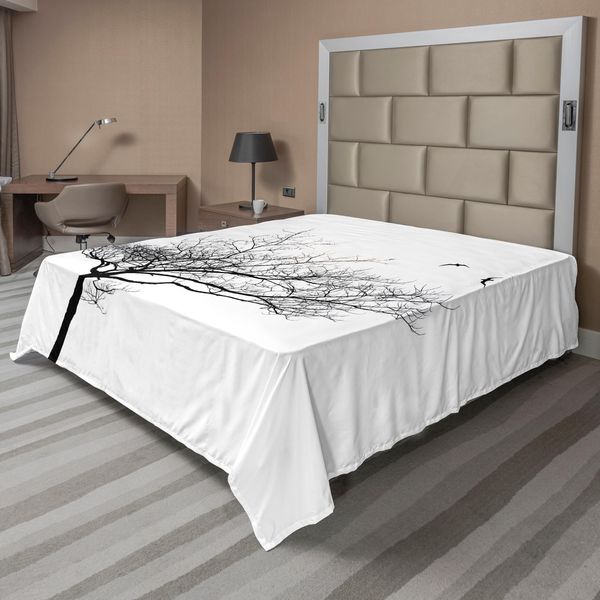 Abakuhaus Lenzuolo Bianco E Nero, Silhouette Di Un Albero E Uccelli In Volo, Disegno Semplice, Lenzuolo Morbido E Confortevole Per Un Letto Decorativo, 1 Pezzo, 275 Cm X 260 Cm, Bianco E Nero-image