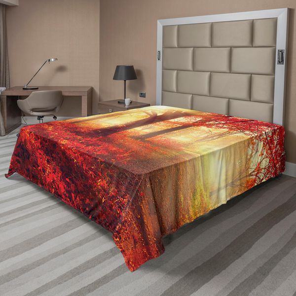 Abakuhaus Lenzuolo Da Letto, Raggi Di Sole Attraverso La Nebbiosa Foresta Autunnale, Vista Mattutina, Immagine Da Sogno, Lenzuolo Morbido E Confortevole Per Un Letto Decorativo, 1 Pezzo, 266 Cm X 260 Cm, Giallo Rosso-image