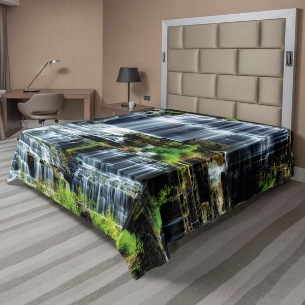Abakuhaus Lenzuolo Foresta Pluviale, Cascata Nel Mezzo Della Giungla Tropicale Paesaggio Naturale, Lenzuolo Morbido E Confortevole Per Un Letto Decorativo 1 Pezzo 260 Cm X 228 Cm, Verde Bianco-image