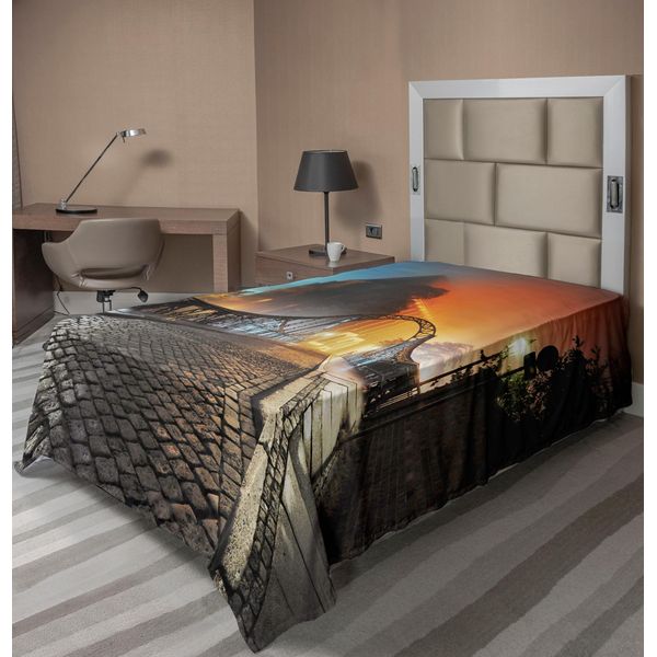 Abakuhaus Lenzuolo Con Motivo Paesaggistico, Ponte Urbano Moderno Di Notte, Tema Urbano Mistico, Lenzuolo Morbido E Confortevole Per Un Letto Decorativo, 1 Pezzo 190 Cm X 100 Cm, Arancione Grigio-image