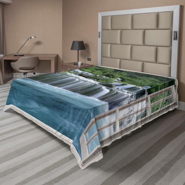 Abakuhaus Lenzuolo Con Stampa Cascata, Paesaggio Maestoso Con Cascata Vista Da Una Finestra, Paradiso Segreto Immaginario, Lenzuolo Morbido E Confortevole Per Un Letto Decorativo, 1 Pezzo, 244 Cm X 205 Cm, Blu Verde-image