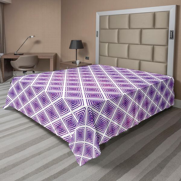 Abakuhaus Lenzuolo Viola, Stile Retrò, Innovativo Motivo Quadrato Astratto, Stampa Grafica Dal Design Moderno, Lenzuolo Morbido E Confortevole Per Un Letto Decorativo, 1 Pezzo, 244 Cm X 205 Cm, Viola E Bianco-image