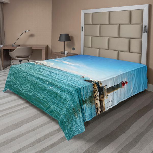 Abakuhaus Lenzuolo Con Faro, Giorno Sulla Spiaggia Barche A Vela Faro Altalene Mare Limpido Nuvole Isola, Morbido E Confortevole Lenzuolo Superiore Per Un Letto Decorativo 1 Pezzo 244 Cm X 205 Cm, Multicolore-image