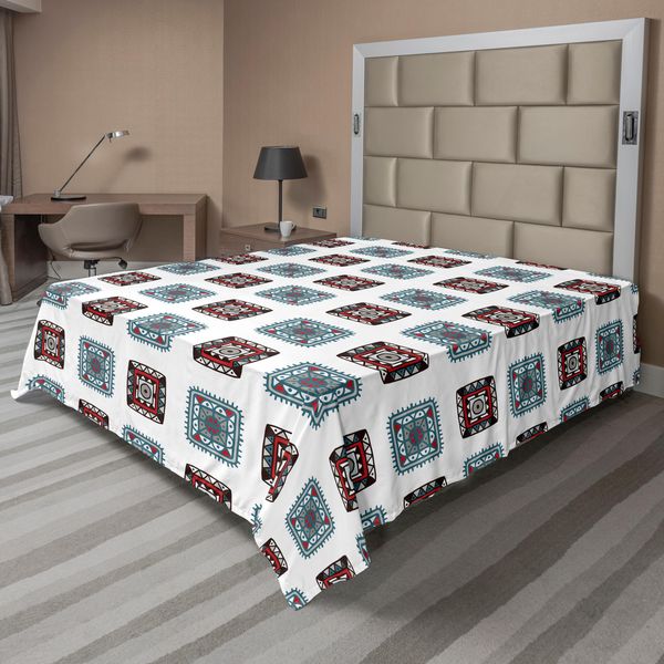 Abakuhaus Lenzuolo Batik, Linee Geometriche Quadrate, Motivi Tribali Aztechi Con Dettagli Etnici, Immagine Batik Popolare, Lenzuolo Morbido E Confortevole Per Un Letto Decorativo, 1 Pezzo, 260 Cm X 228 Cm, Multicolore-image