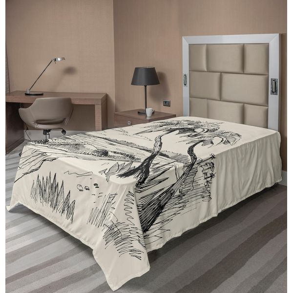 Abakuhaus Lenzuolo Con Stampa Palma, Disegno Della Palma Da Cocco Su Spiaggia Tropicale Sabbiosa, Stampa Esotica Dell'oceano, Lenzuolo Morbido E Confortevole Per Un Letto Decorativo, 1 Pezzo, 260 Cm X 168 Cm, Nero Crema-image
