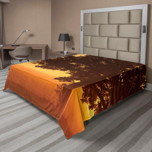 Abakuhaus Lenzuolo Con Albero, Albero Nel Campo All'alba In Un Paesaggio Colorato, Mattina Nebbiosa, Lenzuolo Morbido E Confortevole Per Un Letto Decorativo, 1 Pezzo, 275 Cm X 260 Cm, Arancione Marrone-image