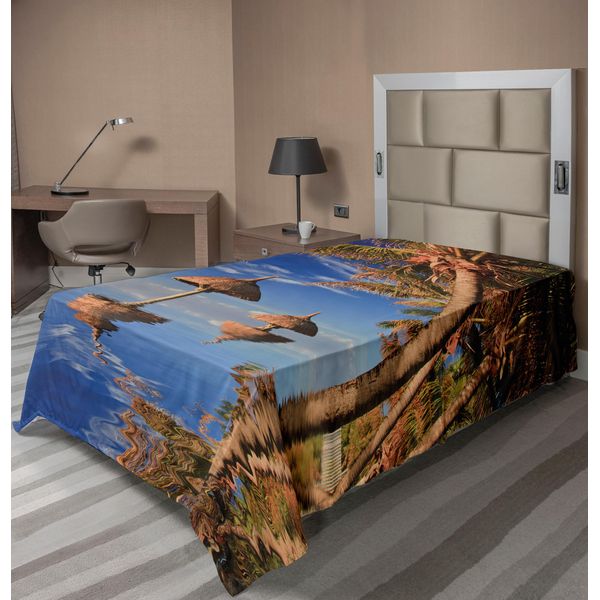 Abakuhaus Lenzuolo Naturale, Palme Nell'oceano, Skyline Esotico, Paradiso Estivo, Tema Luna Di Miele Alle Mauritius, Lenzuolo Morbido E Confortevole Per Un Letto Decorativo, 1 Pezzo, 190 Cm X 100 Cm, Marrone E Blu-image