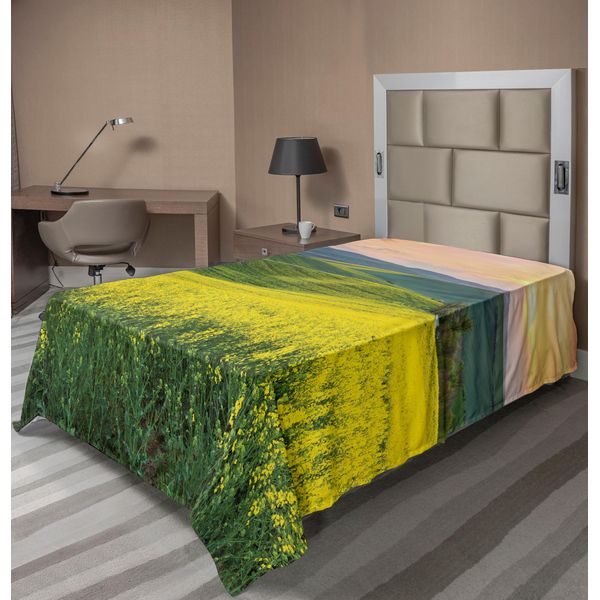 Abakuhaus Lenzuolo Giallo, Paesaggio Primaverile Wildflower Fields Sunrise Cielo Colorato E Colline Della Valle Immagine, Lenzuolo Morbido E Confortevole Per Un Letto Decorativo 1 Pezzo 260 Cm X 168 Cm, Giallo Verde-image