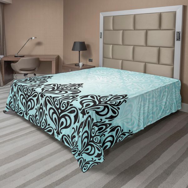 Abakuhaus Lenzuolo In Damasco, Motivo Damascato Moderno, Linee Artistiche, Colori Regali, Motivo Floreale Audace, Lenzuolo Morbido E Confortevole Per Un Letto Decorativo, 1 Pezzo, 244 Cm X 205 Cm, Blu Nero-image
