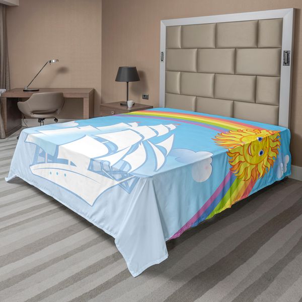Abakuhaus Lenzuolo Nautico, Veliero Nel Cielo Sotto Un Arcobaleno Cerchio Surreale Sole Felicità Grafica Motivazionale, Lenzuolo Morbido E Confortevole Per Un Letto Decorativo 1 Pezzo 266 Cm X 260 Cm, Multicolore-image