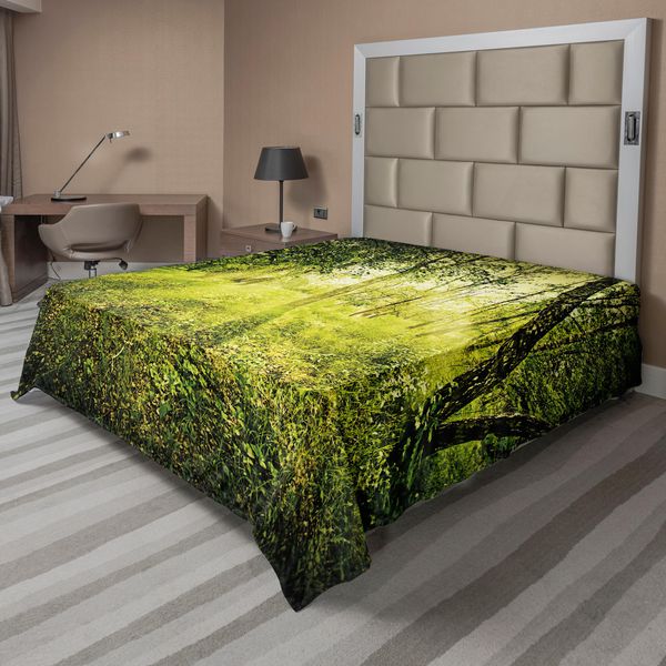 Abakuhaus Lenzuolo Magico, Rinfresco Mattutino Nella Natura Stagione Estiva Tramonto Ambiente Natura Selvaggia Nebbia Tema, Morbido E Confortevole Lenzuolo Superiore Per Un Letto Decorativo 1 Pezzo 275 Cm X 260 Cm, Verde-image