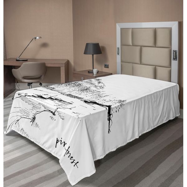 Abakuhaus Lenzuolo Abbinato, Vista Di Una Pineta Attraverso Un Lago Con Montagne E Paesaggio Rurale, Morbido E Confortevole Lenzuolo Superiore Per Un Letto Decorativo 1 Pezzo 260 Cm X 168 Cm, Bianco Nero-image
