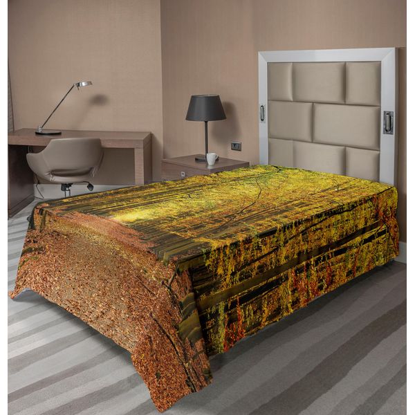 Abakuhaus Lenzuolo, Motivo Bosco Autunnale Con Foglie Sfumate, Scena Romantica E Suggestiva, Lenzuolo Morbido E Confortevole Per Un Letto Decorativo, 1 Pezzo, 260 Cm X 168 Cm, Giallo Marrone-image