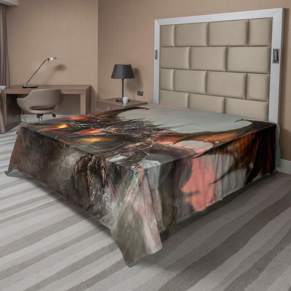 Abakuhaus Fantasy World Lenzuolo, Illustrazione Drago A Tre Teste Che Sputa Fuoco, Grande Mostro In Stile Gotico, Lenzuolo Morbido E Confortevole Per Un Letto Decorativo, 1 Pezzo, 266 Cm X 260 Cm, Marrone Grigio-image