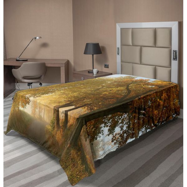 Abakuhaus Lenzuolo, Paesaggio Rurale In Una Nebbiosa Mattina Panoramica Nella Campagna, Tema Idilliaco, Morbido E Confortevole Lenzuolo Superiore Per Un Letto Decorativo, 1 Pezzo, 260 Cm X 168 Cm, Verde Giallo-image