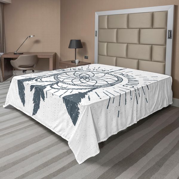 Abakuhaus Lenzuolo Con Proverbio, "Never Stop Dreaming"", Dreamcatcher Etnico Illustrazione Moderna Scritta, Morbido E Confortevole Lenzuolo Superiore Per Un Letto Decorativo 1 Pezzo 244 Cm X 205 Cm, Bianco Blu"-image