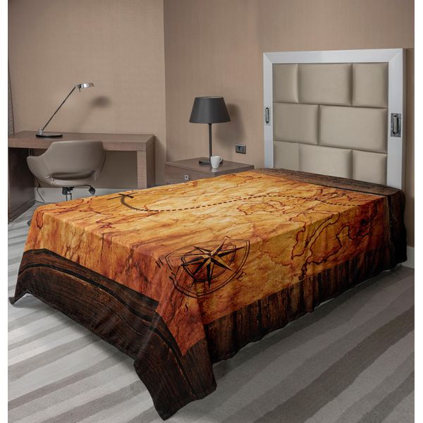 Abakuhaus Scialle Da Letto Con Mappa Dell'isola, Mappa Antica Datata Dai Colori Intensi Su Legno Hid Out Ufer Kunst Design, Morbido E Confortevole Scialle Da Letto Per Un Letto Decorativo 1 Pezzo 260 Cm X 168 Cm, Arancione Marrone-image