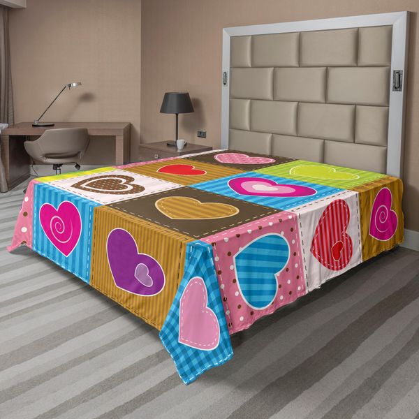 Abakuhaus Lenzuolo, Tema Patchwork, Simpatici Cuori Con Sfondi Diversi, Grafica Romantica, Morbido E Confortevole Lenzuolo Superiore Per Un Letto Decorativo, 1 Pezzo, 244 Cm X 205 Cm, Multicolore-image