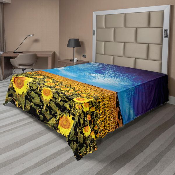 Abakuhaus Lenzuolo Con Motivo Girasoli, Foto Del Campo Di Girasoli Con Skyline, Immagine Estiva Della Natura, Lenzuolo Morbido E Confortevole Per Un Letto Decorativo, 1 Pezzo, 260 Cm X 228 Cm, Giallo E Blu-image